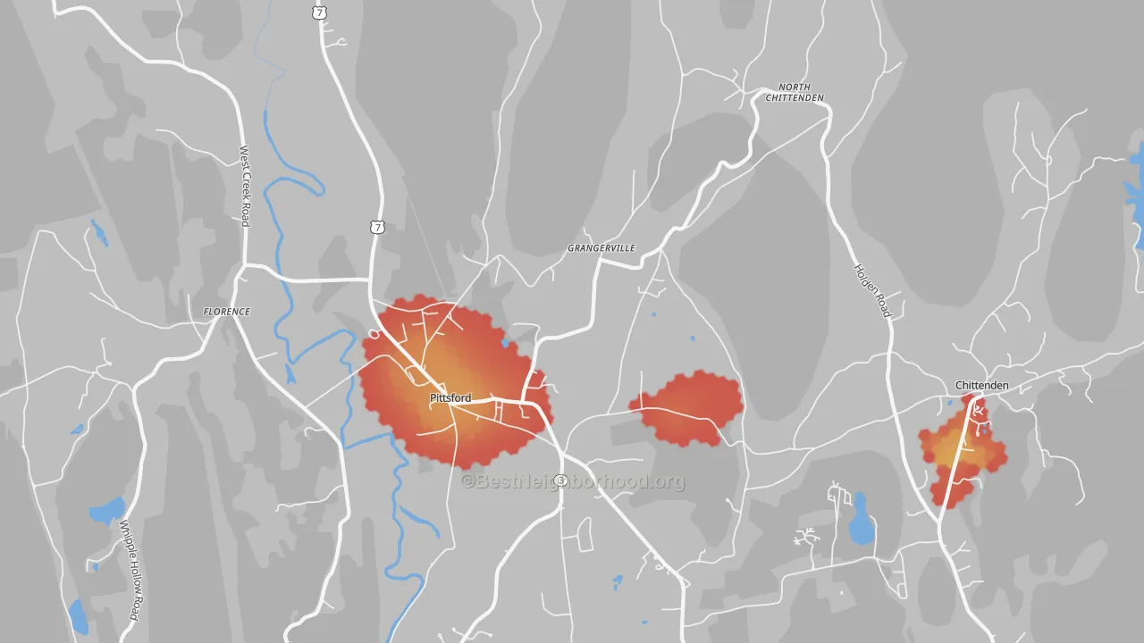 Walk Grade map of Pittsford, VT, walkable areas in green and car-dependent areas in red