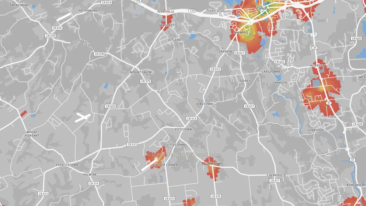 Walk Grade map of Pittstown, NJ, walkable areas in green and car-dependent areas in red