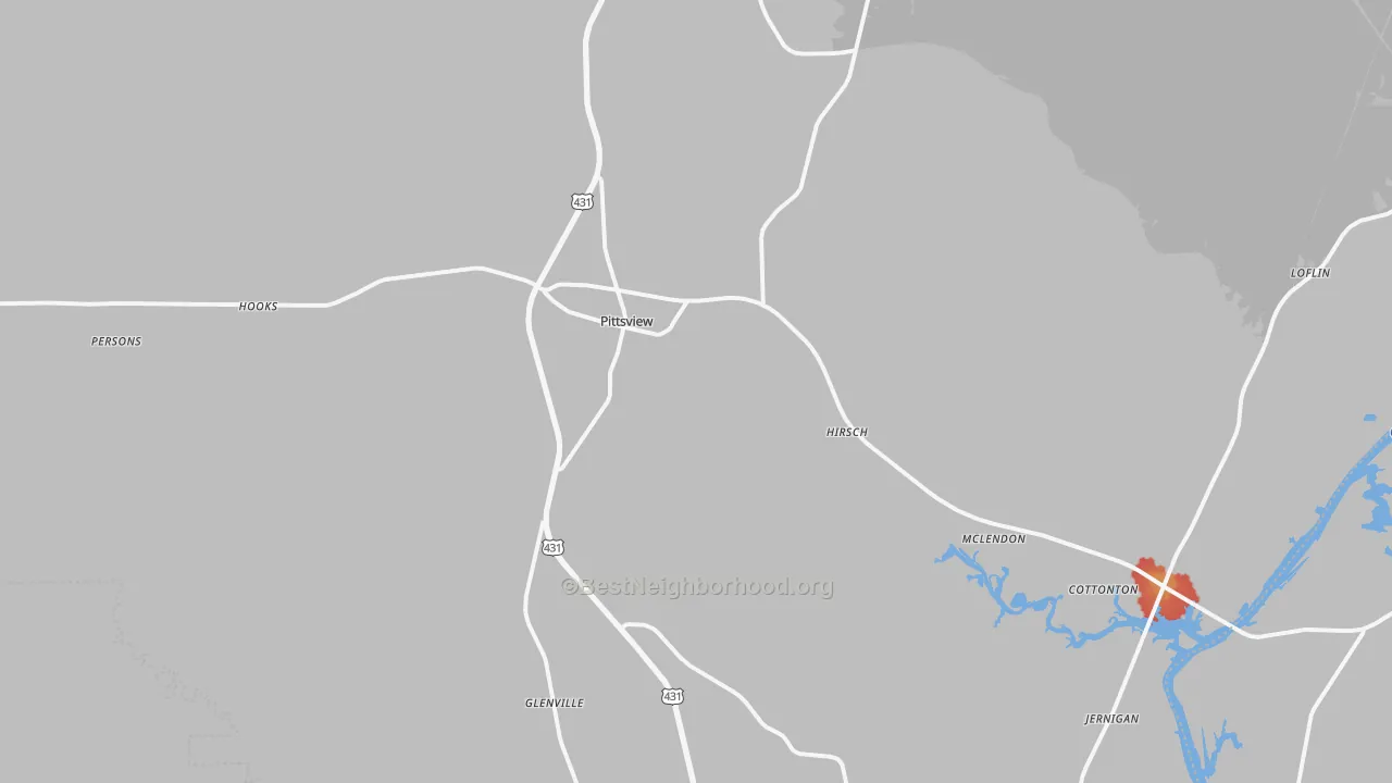 Walk Grade map of Pittsview, AL, walkable areas in green and car-dependent areas in red