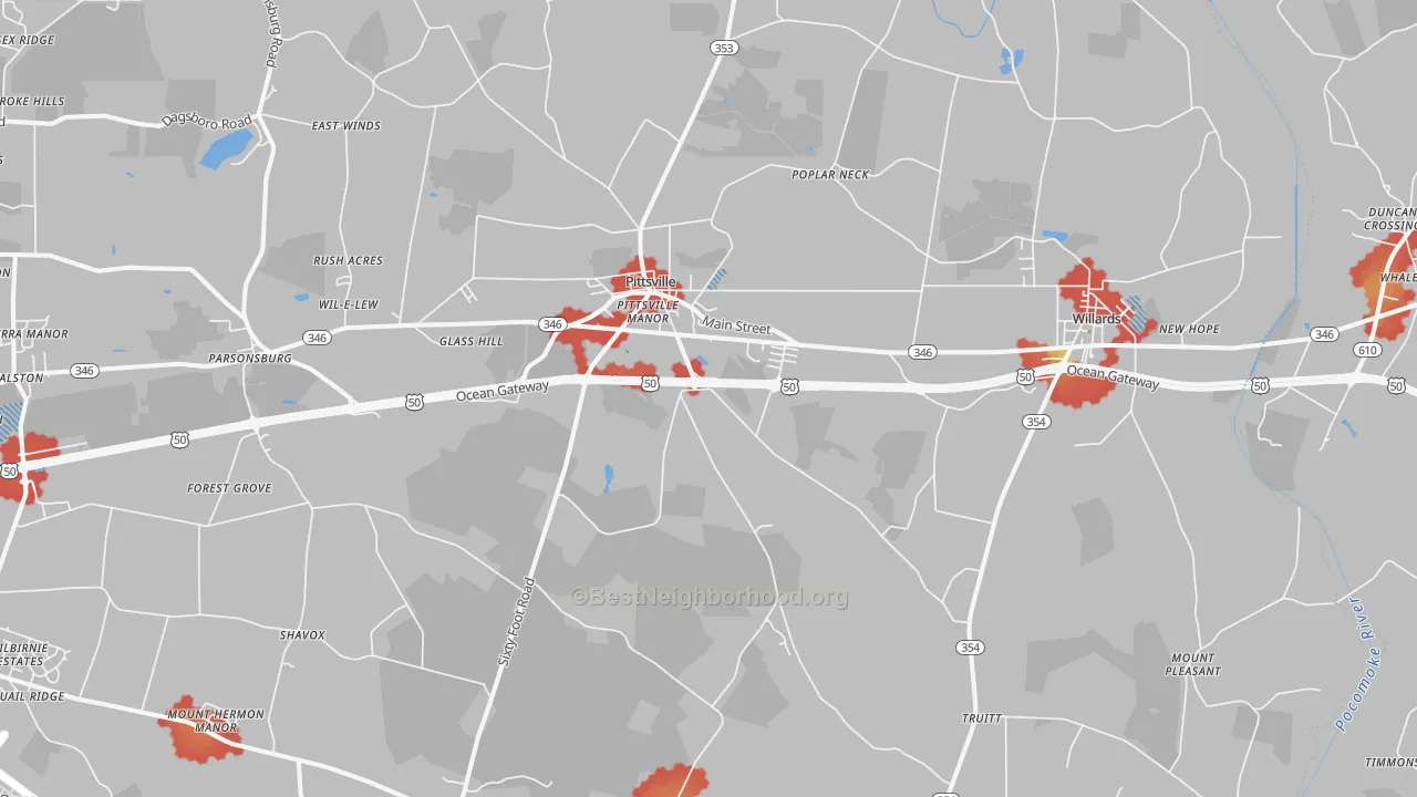 Walk Grade map of Pittsville, MD, walkable areas in green and car-dependent areas in red