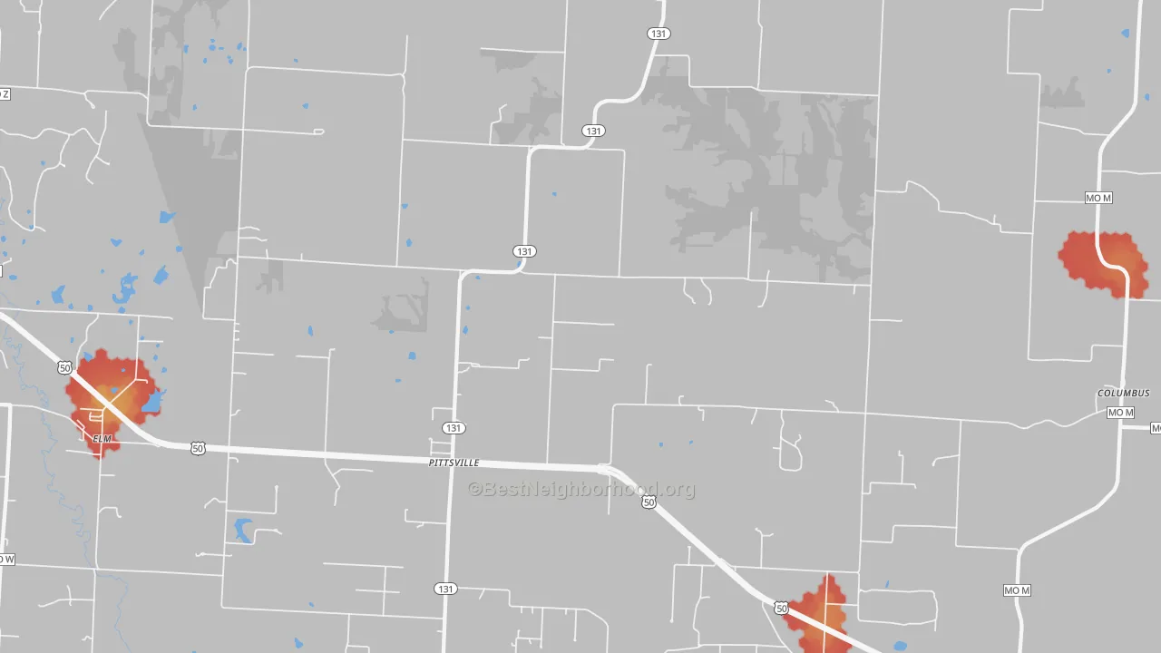 Walk Grade map of Pittsville, MO, walkable areas in green and car-dependent areas in red