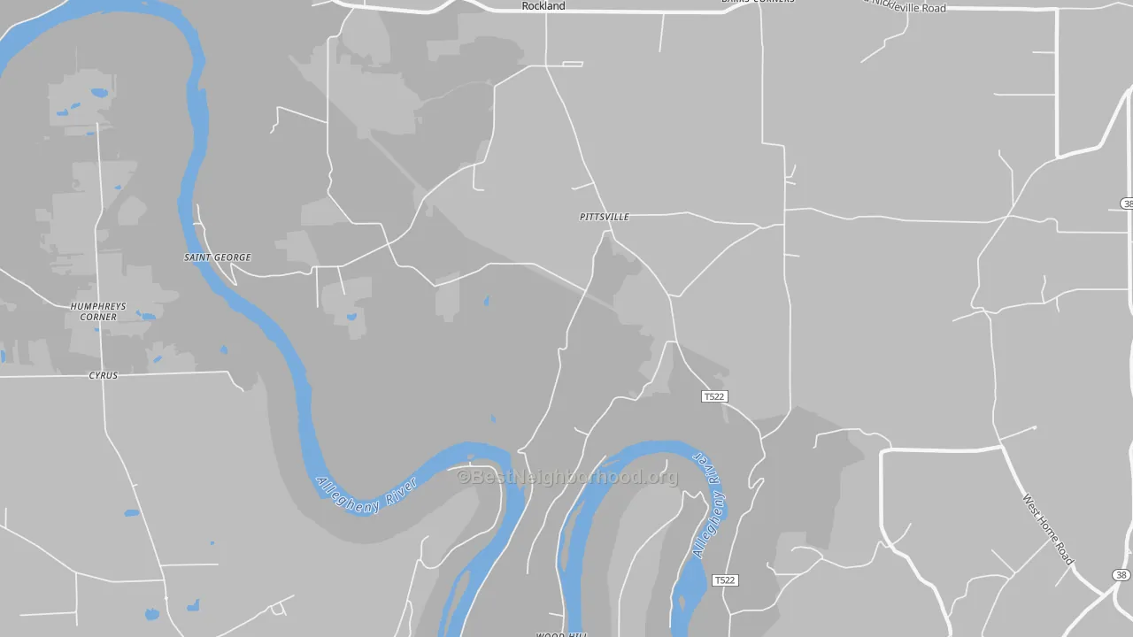 Walk Grade map of Pittsville, PA, walkable areas in green and car-dependent areas in red