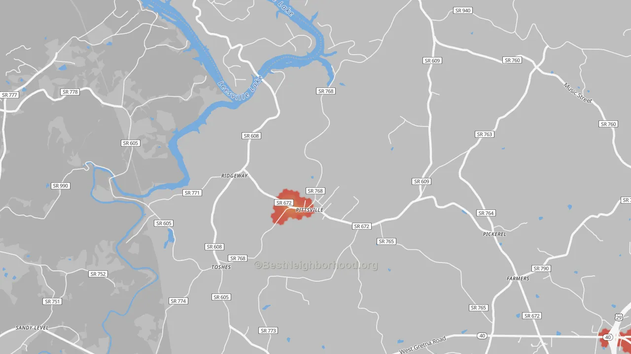 Walk Grade map of Pittsville, VA, walkable areas in green and car-dependent areas in red