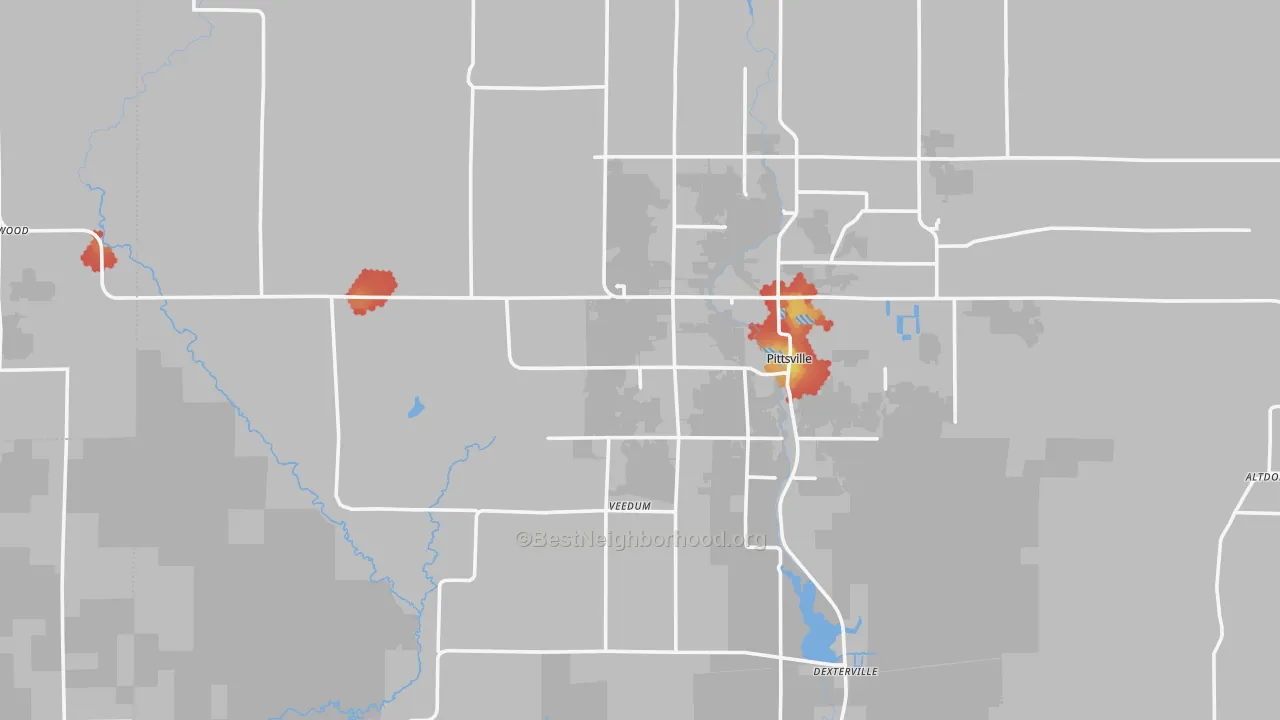 Walk Grade map of Pittsville, WI, walkable areas in green and car-dependent areas in red