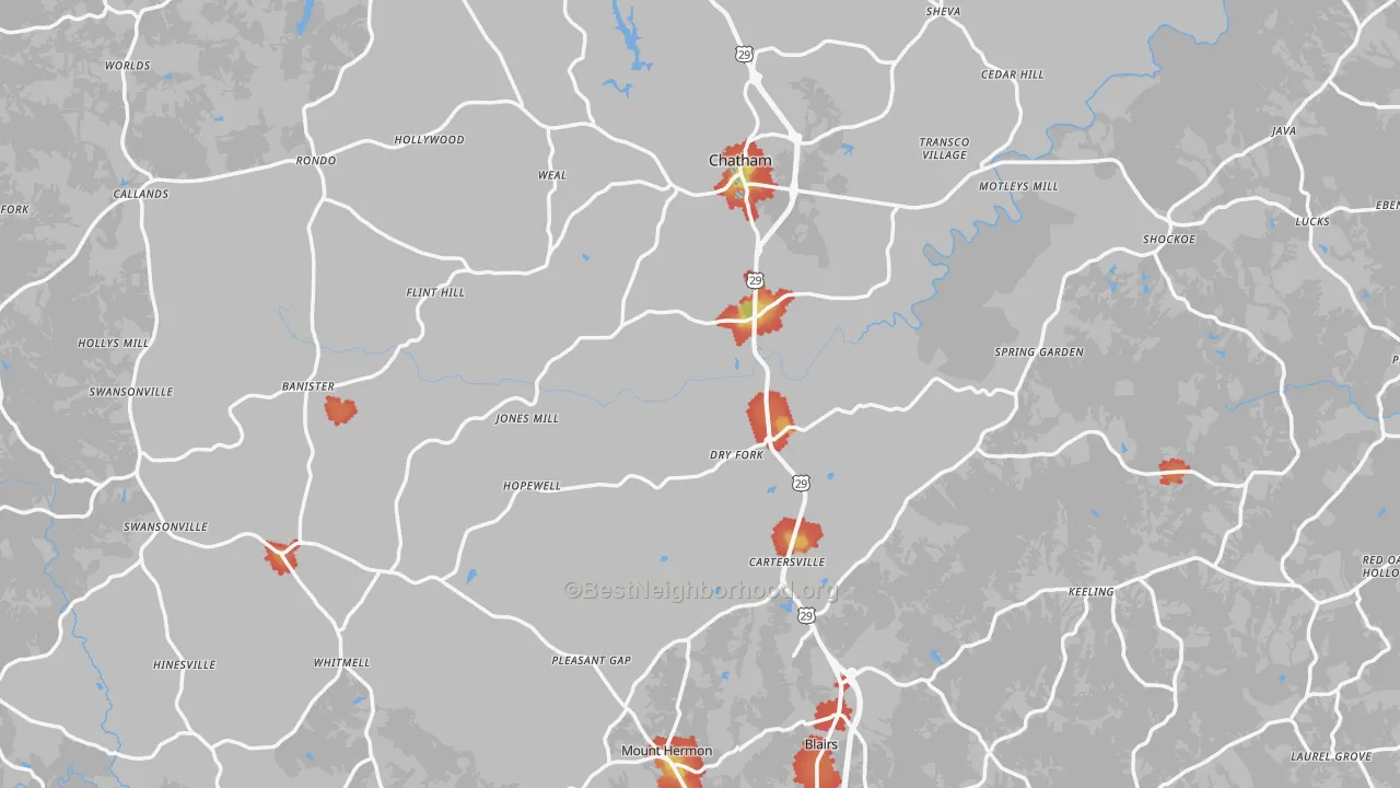 Walk Grade map of Pittsylvania County, VA, walkable areas in green and car-dependent areas in red