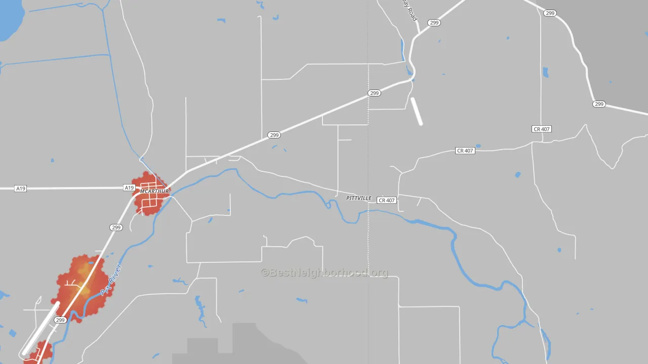 Walk Grade map of Pittville, CA, walkable areas in green and car-dependent areas in red