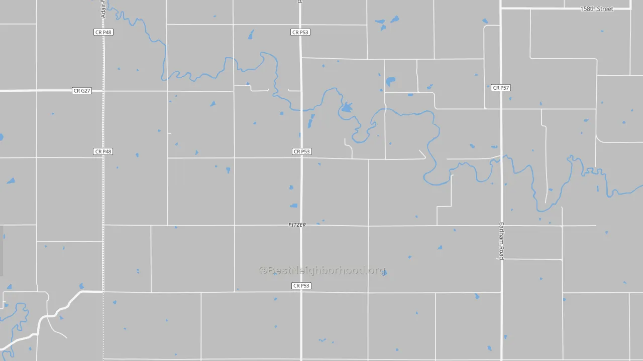 Walk Grade map of Pitzer, IA, walkable areas in green and car-dependent areas in red