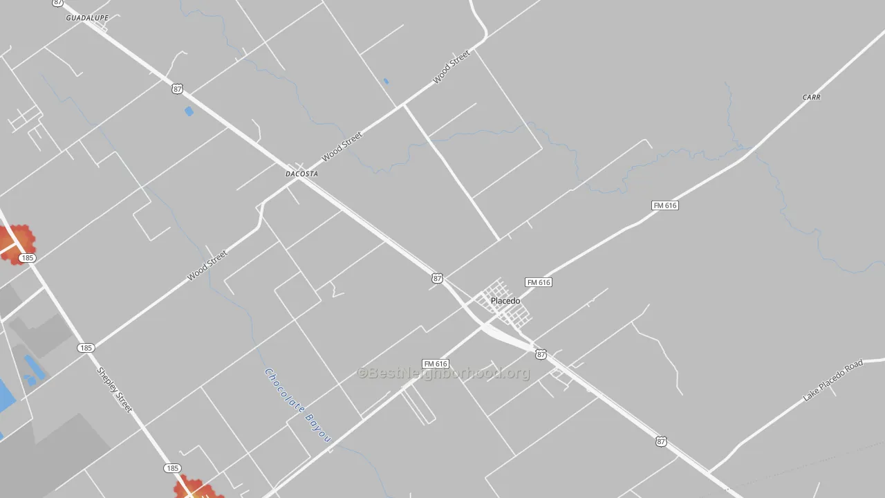 Walk Grade map of Placedo, TX, walkable areas in green and car-dependent areas in red