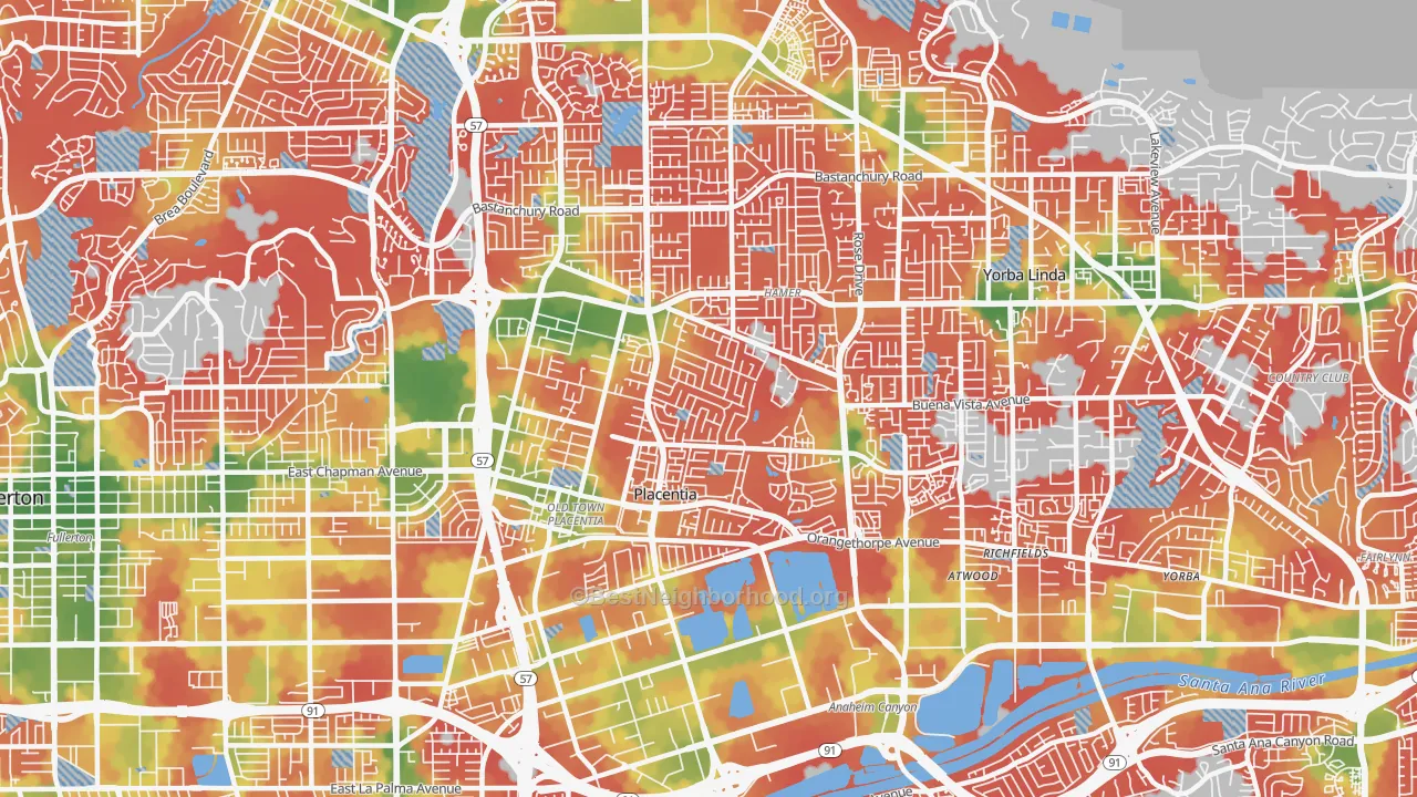Walk Grade map of Placentia, CA, walkable areas in green and car-dependent areas in red