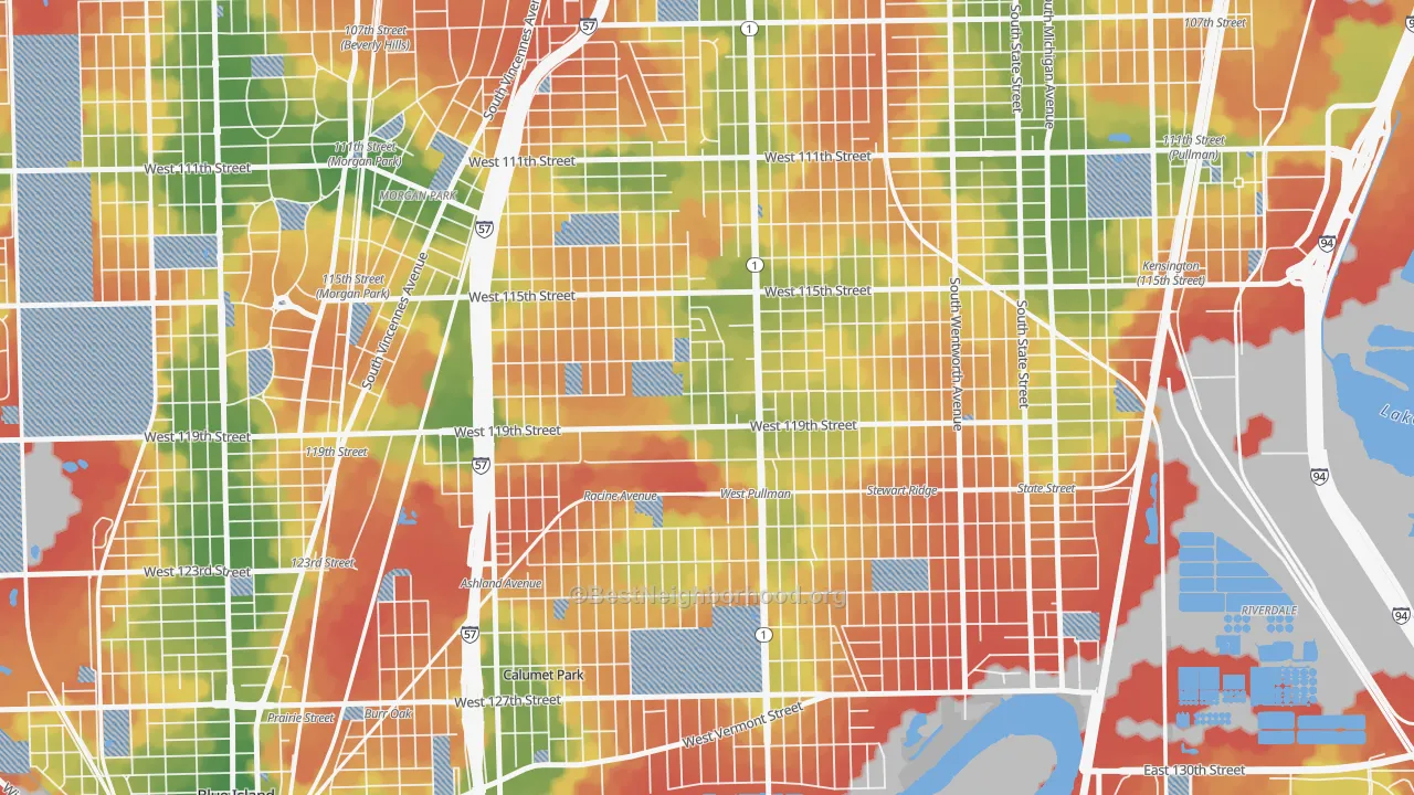 Walk Grade map of Placerdale, Chicago, IL, walkable areas in green and car-dependent areas in red
