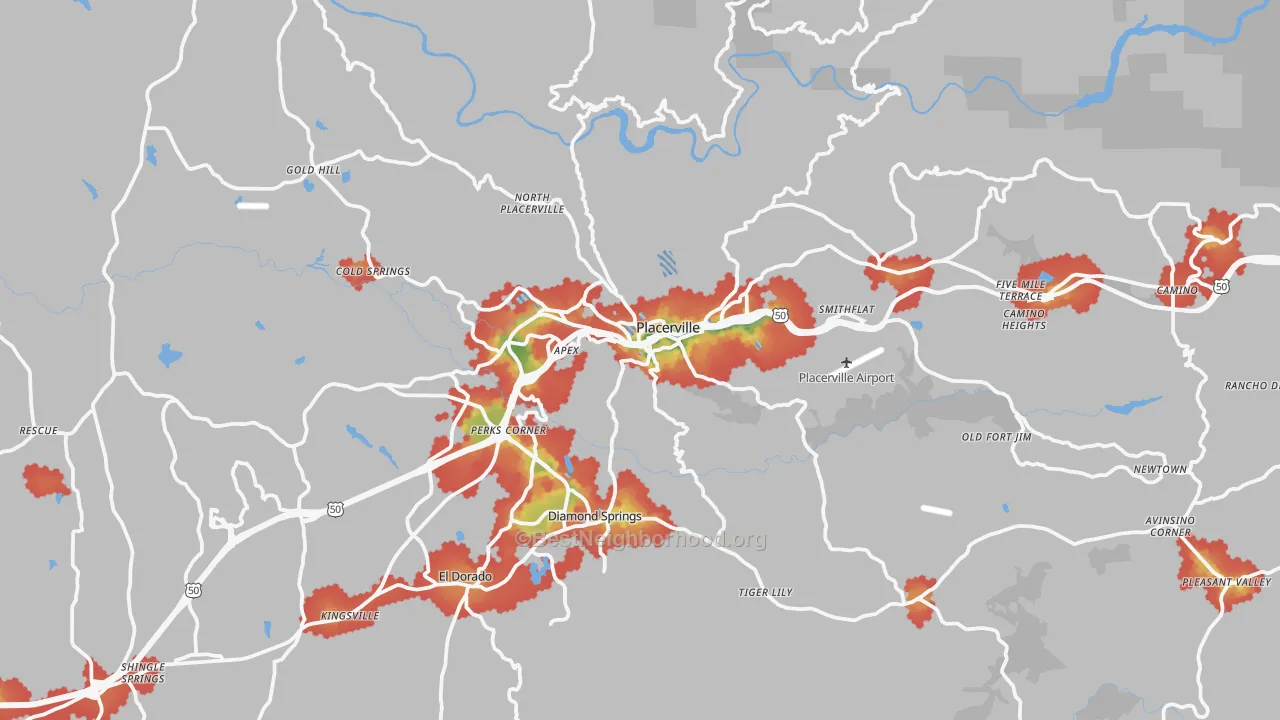 Walk Grade map of Placerville, CA, walkable areas in green and car-dependent areas in red