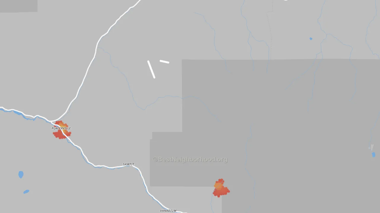Walk Grade map of Placerville, CO, walkable areas in green and car-dependent areas in red