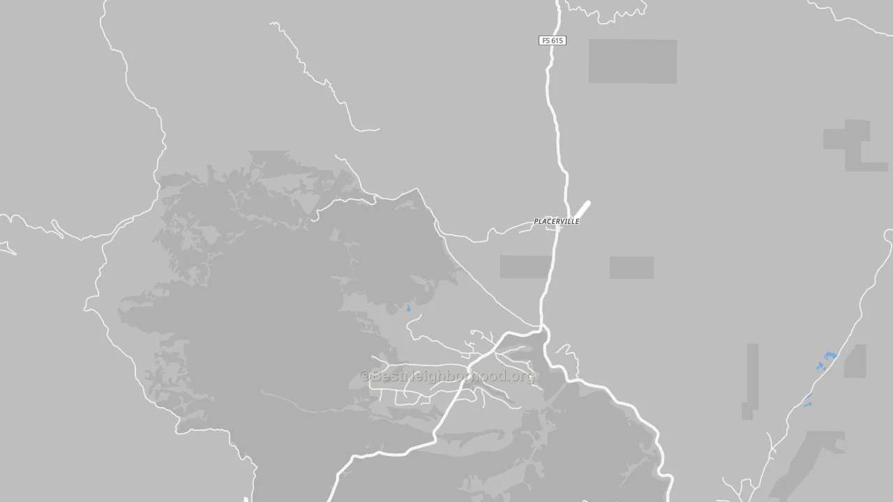 Walk Grade map of Placerville, ID, walkable areas in green and car-dependent areas in red
