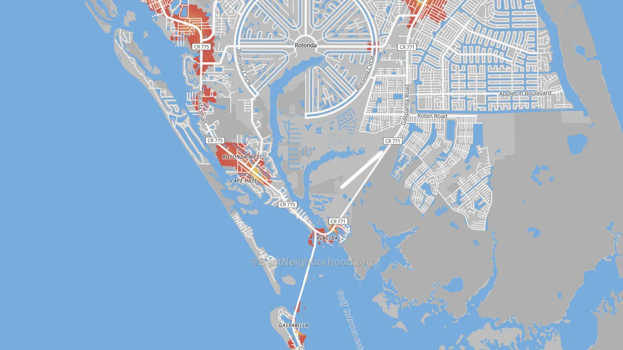 Walk Grade map of Placida, FL, walkable areas in green and car-dependent areas in red