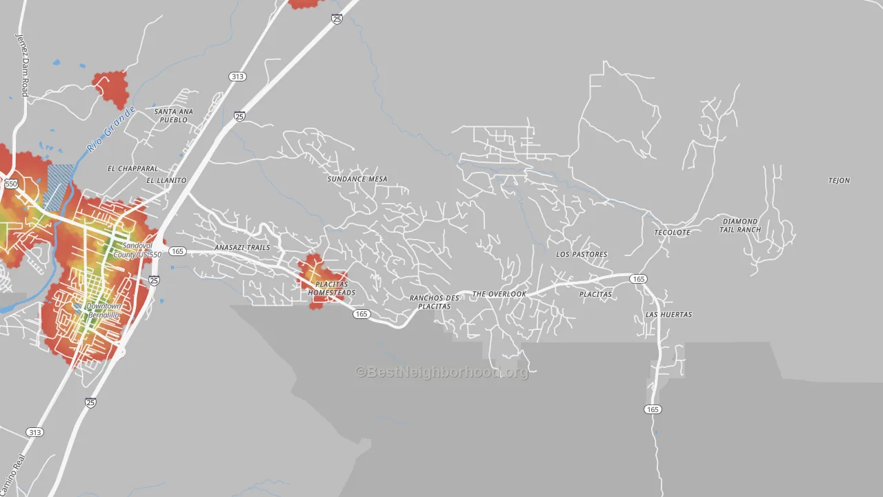 Walk Grade map of Placitas, NM, walkable areas in green and car-dependent areas in red