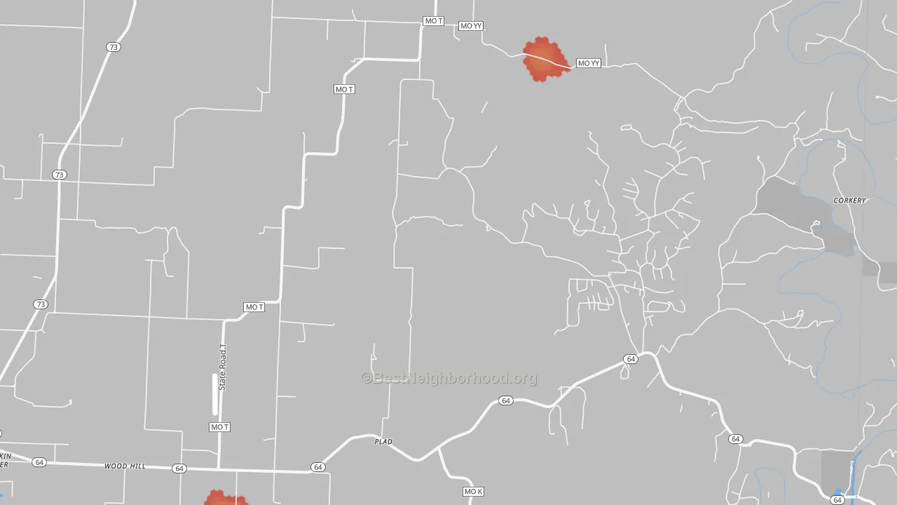 Walk Grade map of Plad, MO, walkable areas in green and car-dependent areas in red