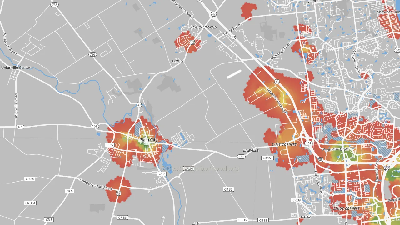 Walk Grade map of Plain City, OH, walkable areas in green and car-dependent areas in red