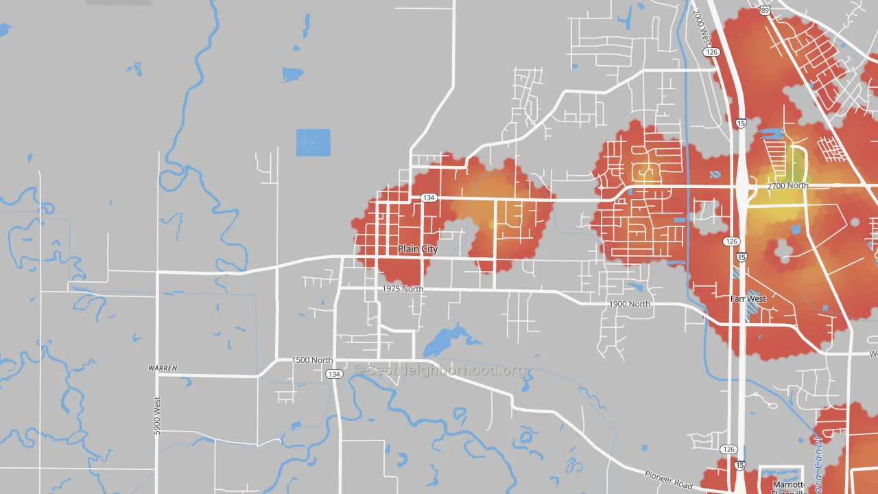 Walk Grade map of Plain City, UT, walkable areas in green and car-dependent areas in red
