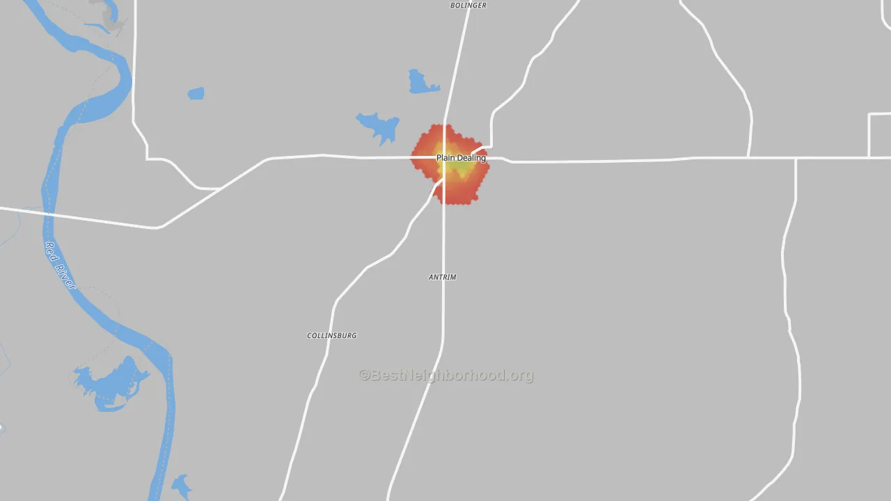 Walk Grade map of Plain Dealing, LA, walkable areas in green and car-dependent areas in red