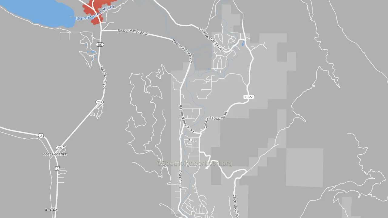 Walk Grade map of Plain, WA, walkable areas in green and car-dependent areas in red