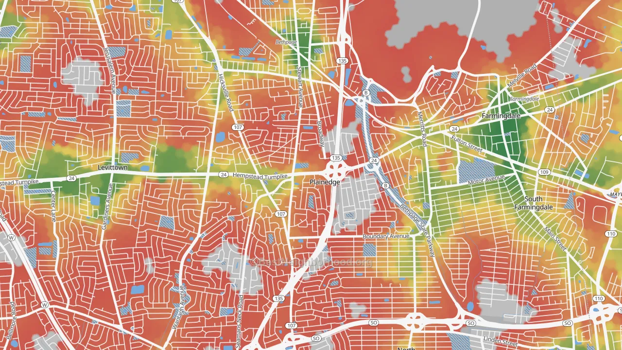 Walk Grade map of Plainedge, NY, walkable areas in green and car-dependent areas in red