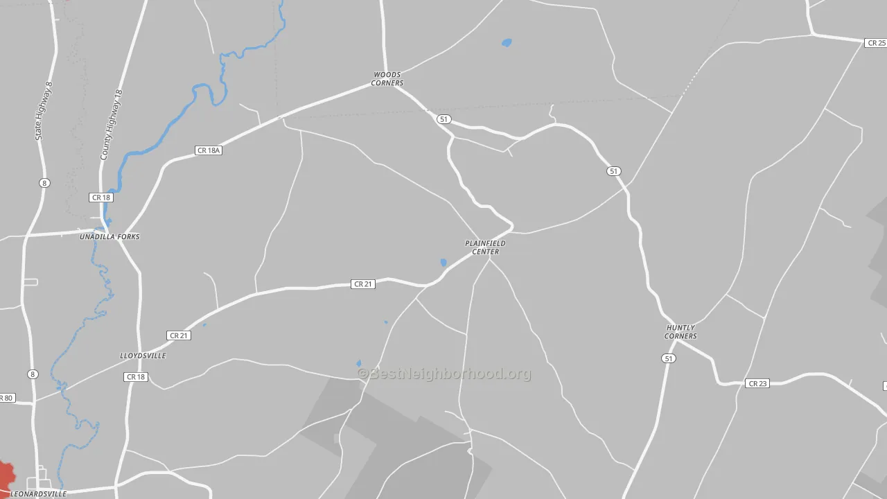 Walk Grade map of Plainfield Center, NY, walkable areas in green and car-dependent areas in red