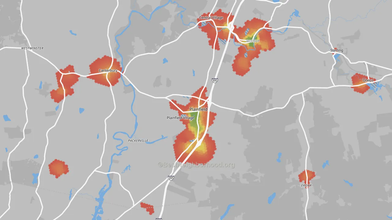 Walk Grade map of Plainfield, CT, walkable areas in green and car-dependent areas in red
