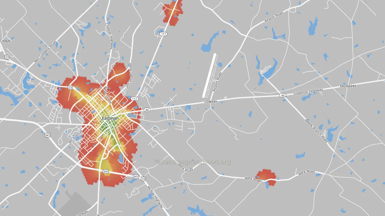 Walk Grade map of Plainfield, GA, walkable areas in green and car-dependent areas in red
