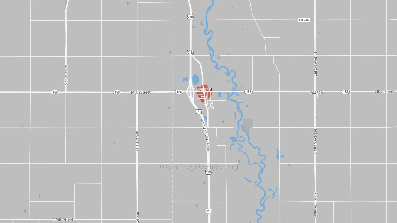 Walk Grade map of Plainfield, IA, walkable areas in green and car-dependent areas in red