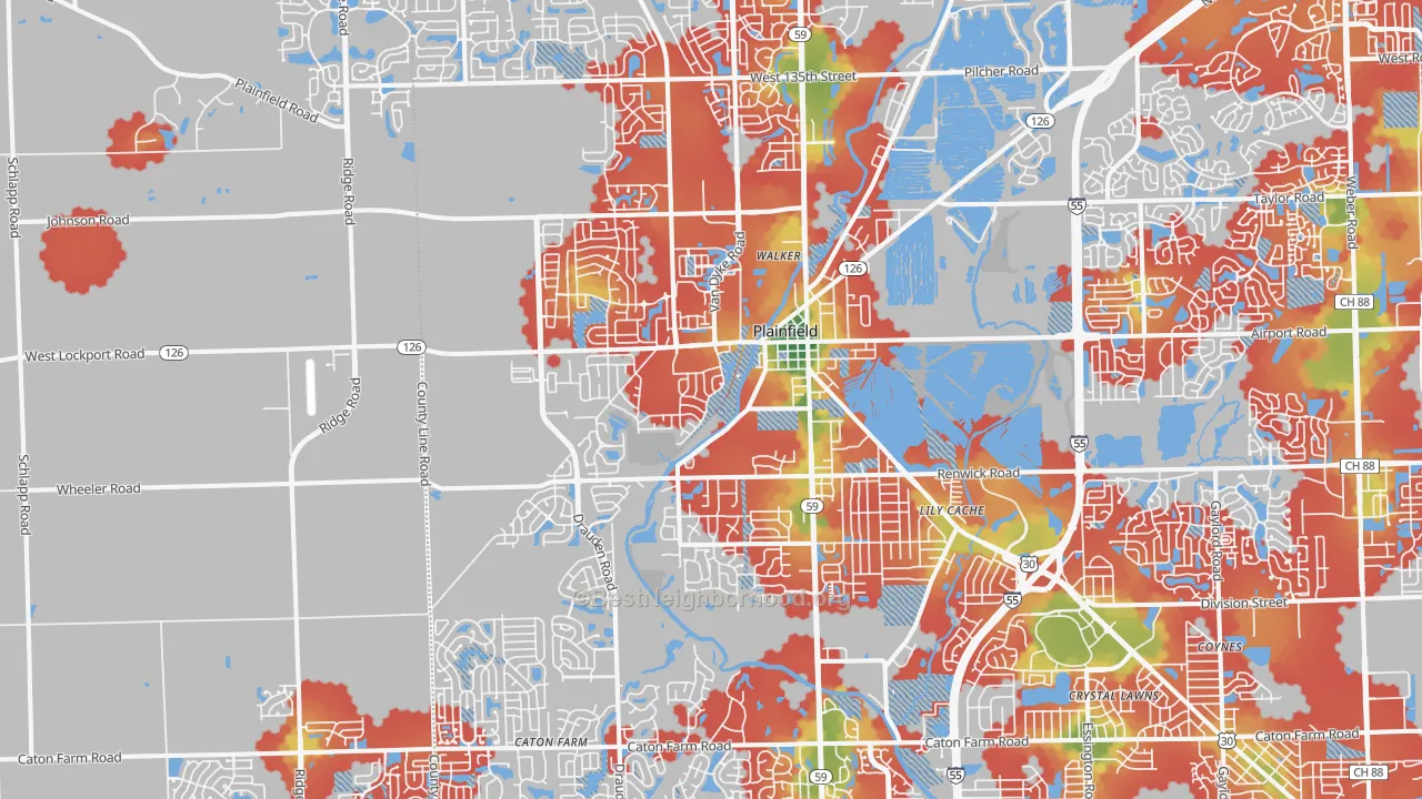 Walk Grade map of Plainfield, IL, walkable areas in green and car-dependent areas in red