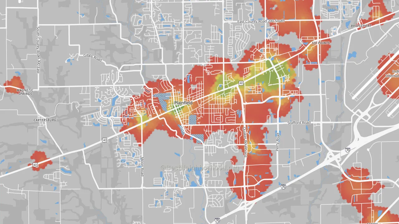 Walk Grade map of Plainfield, IN, walkable areas in green and car-dependent areas in red