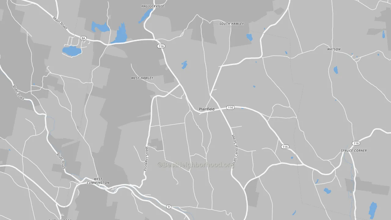Walk Grade map of Plainfield, MA, walkable areas in green and car-dependent areas in red