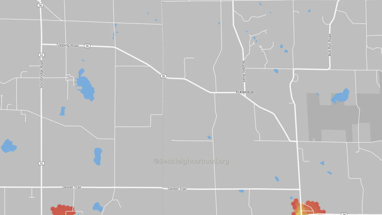 Walk Grade map of Plainfield, MI, walkable areas in green and car-dependent areas in red