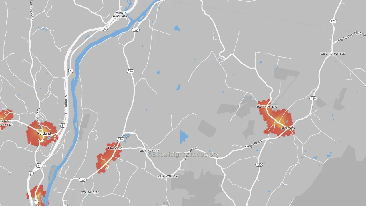 Walk Grade map of Plainfield, NH, walkable areas in green and car-dependent areas in red