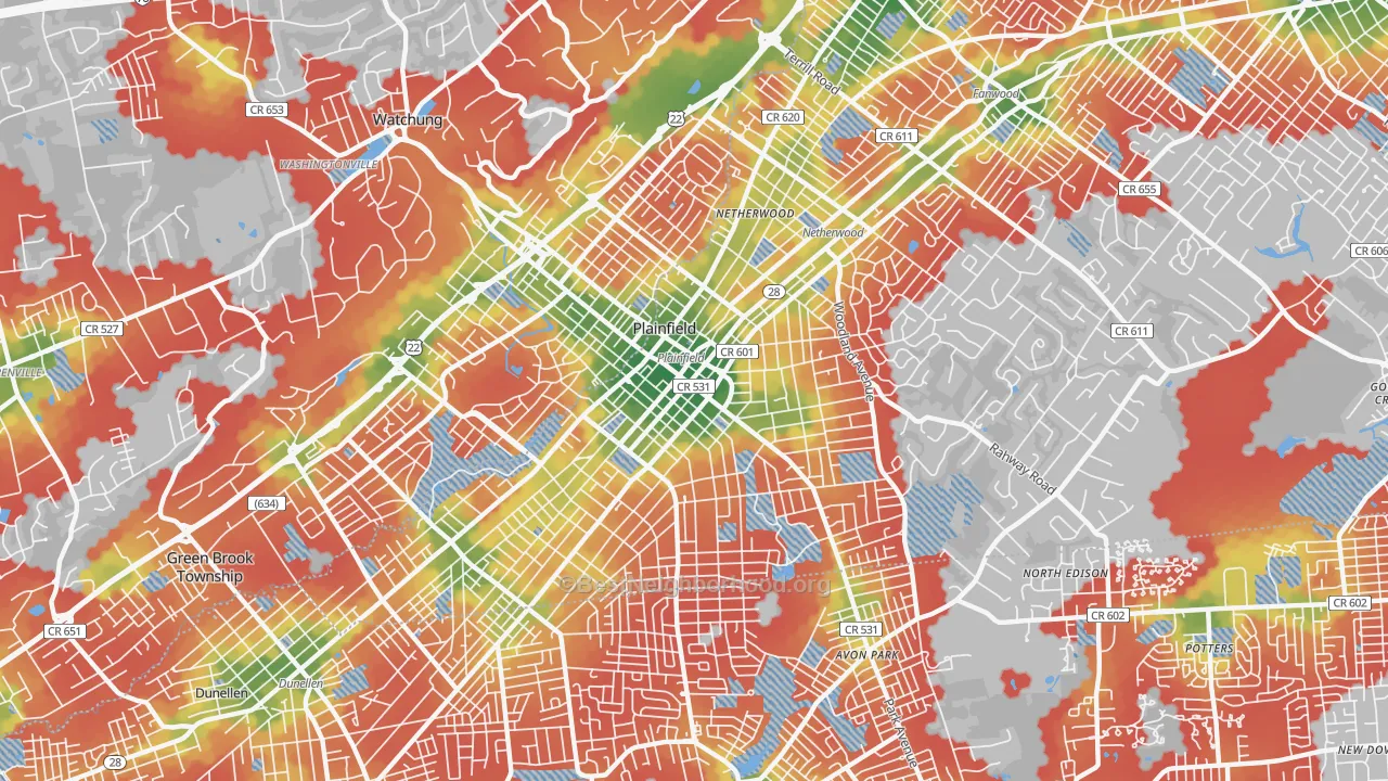 Walk Grade map of Plainfield, NJ, walkable areas in green and car-dependent areas in red