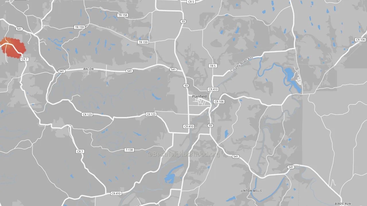 Walk Grade map of Plainfield, OH, walkable areas in green and car-dependent areas in red