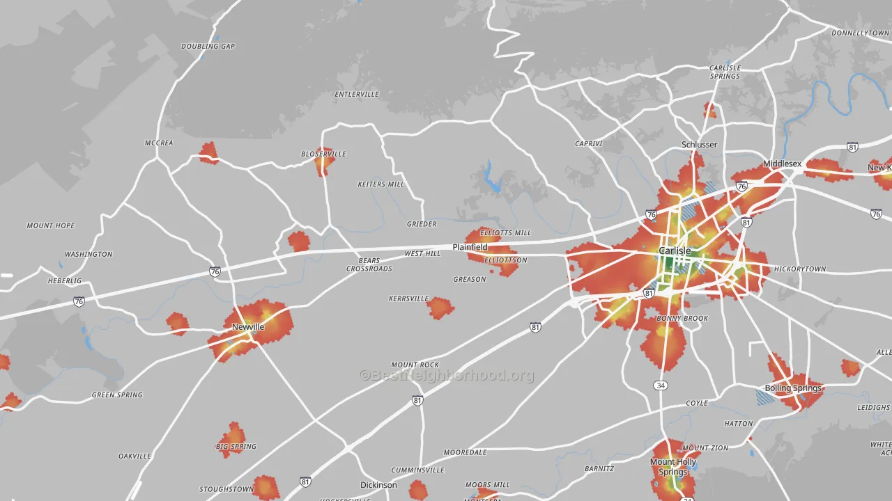 Walk Grade map of Plainfield, PA, walkable areas in green and car-dependent areas in red