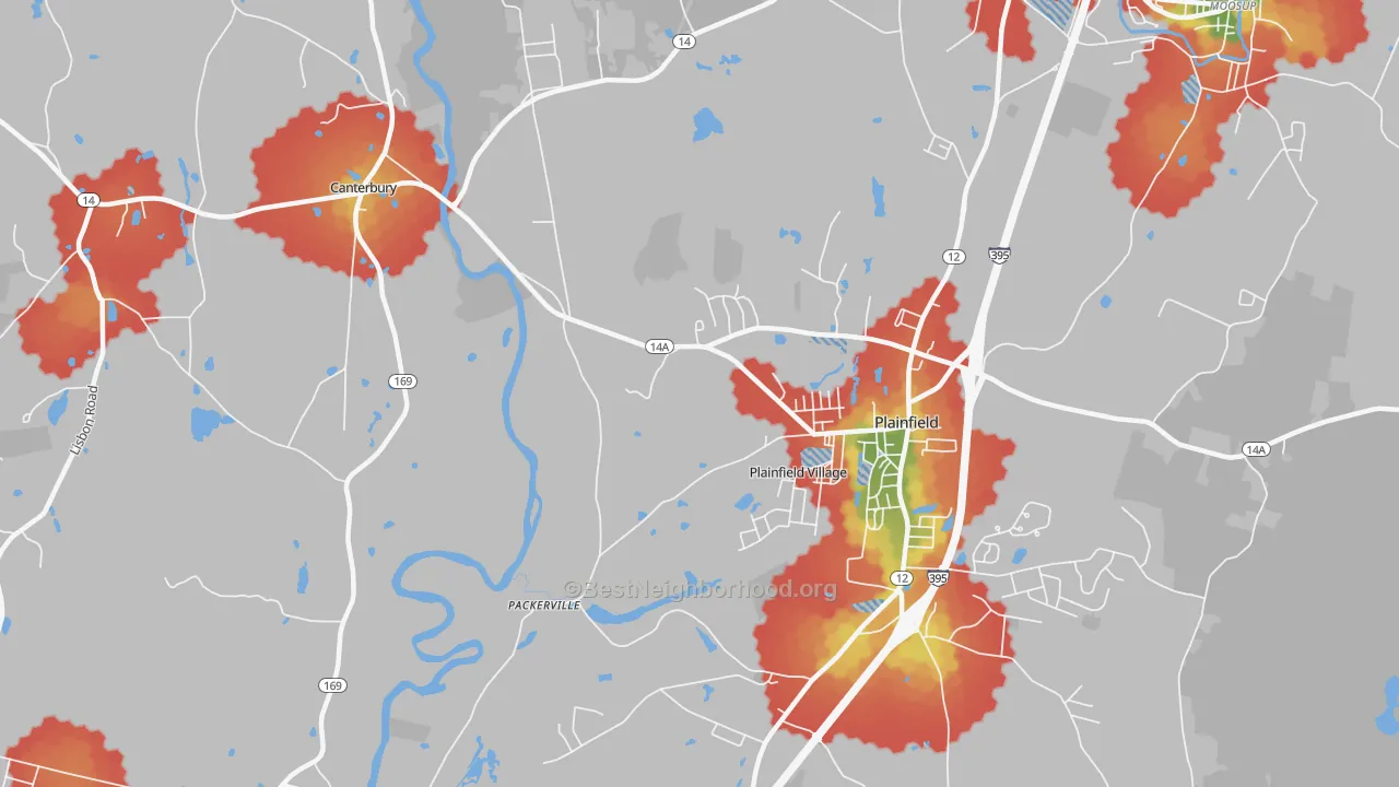 Walk Grade map of Plainfield Village, CT, walkable areas in green and car-dependent areas in red