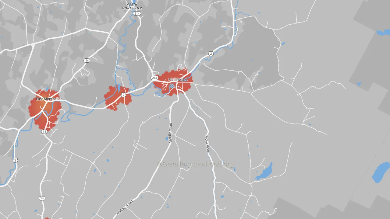 Walk Grade map of Plainfield, VT, walkable areas in green and car-dependent areas in red