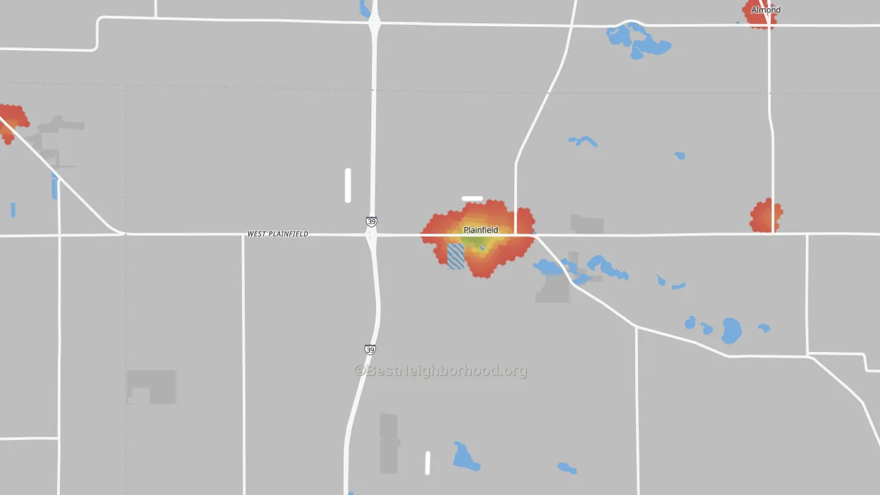 Walk Grade map of Plainfield, WI, walkable areas in green and car-dependent areas in red