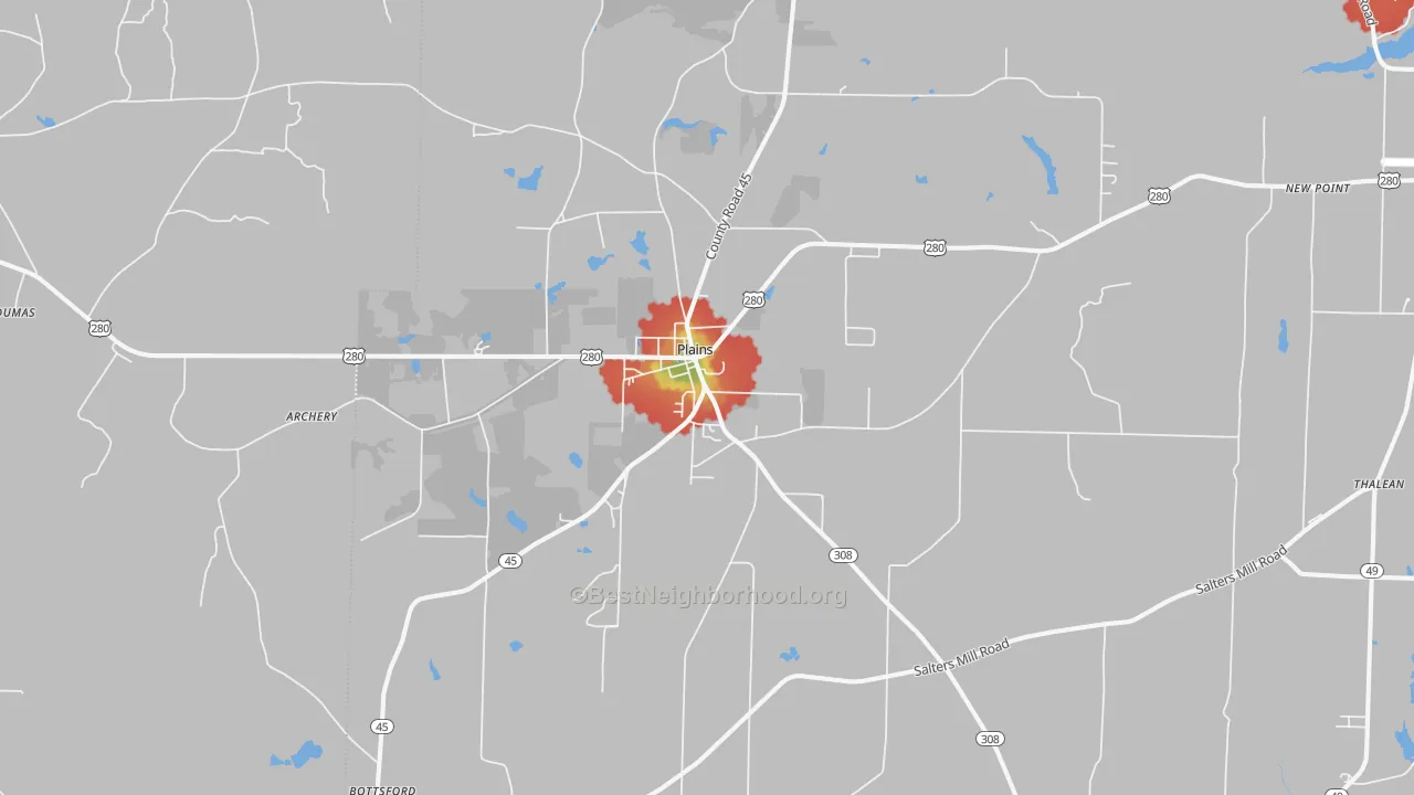 Walk Grade map of Plains, GA, walkable areas in green and car-dependent areas in red