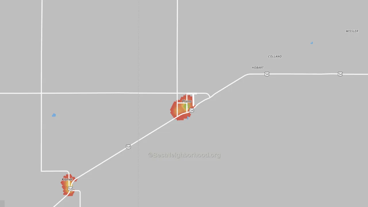 Walk Grade map of Plains, KS, walkable areas in green and car-dependent areas in red