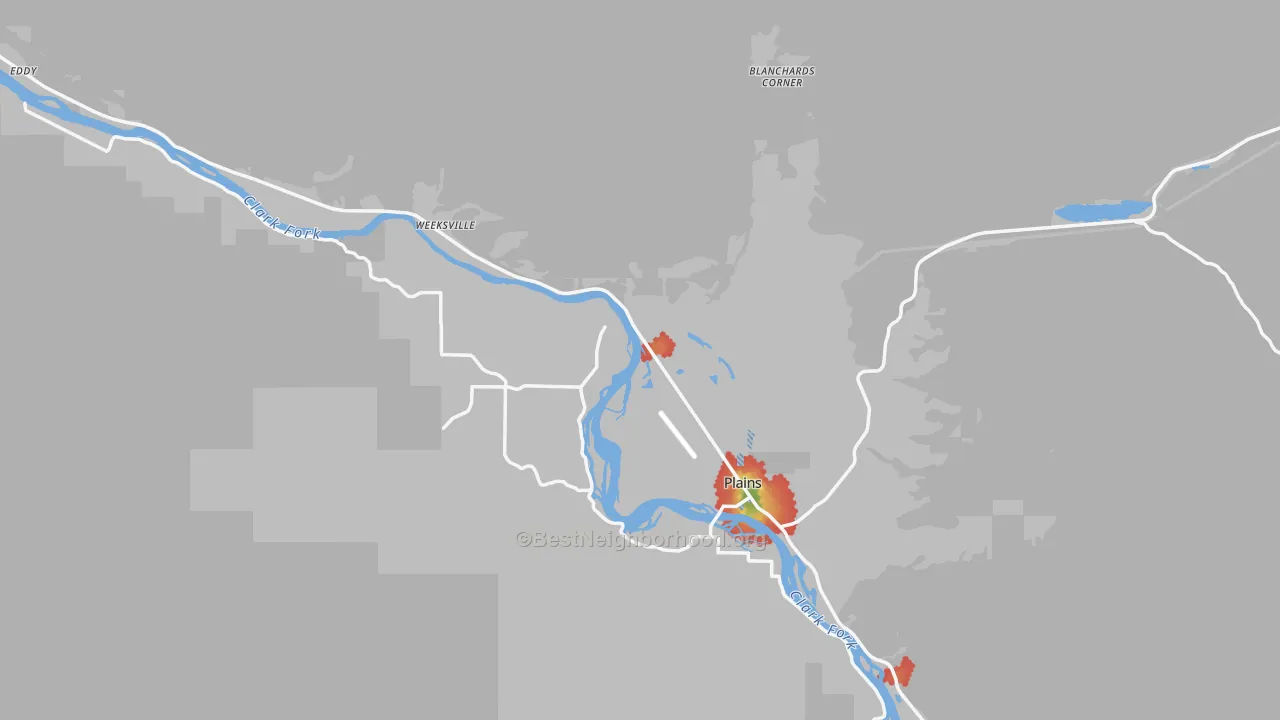 Walk Grade map of Plains, MT, walkable areas in green and car-dependent areas in red