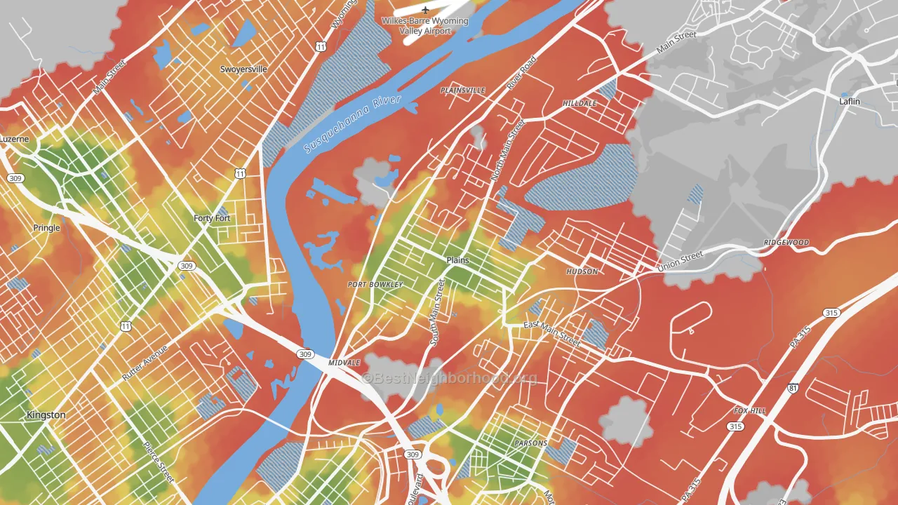 Walk Grade map of Plains, PA, walkable areas in green and car-dependent areas in red