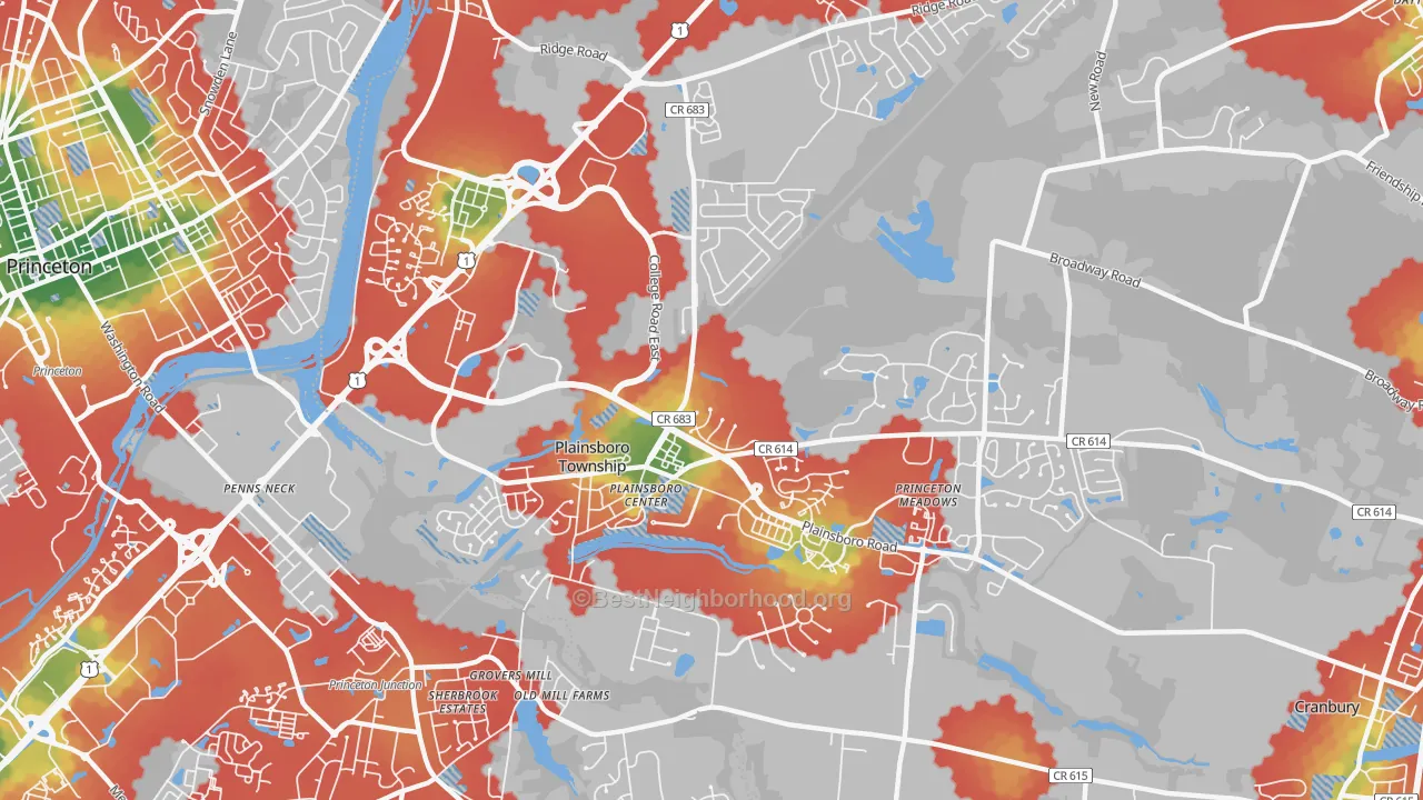 Walk Grade map of Plainsboro, NJ, walkable areas in green and car-dependent areas in red