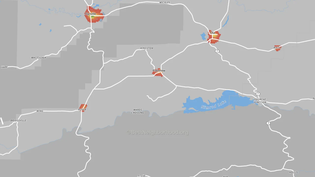 Walk Grade map of Plainview, AR, walkable areas in green and car-dependent areas in red