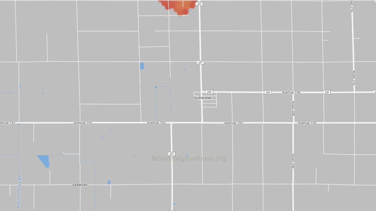 Walk Grade map of Plainview, CA, walkable areas in green and car-dependent areas in red