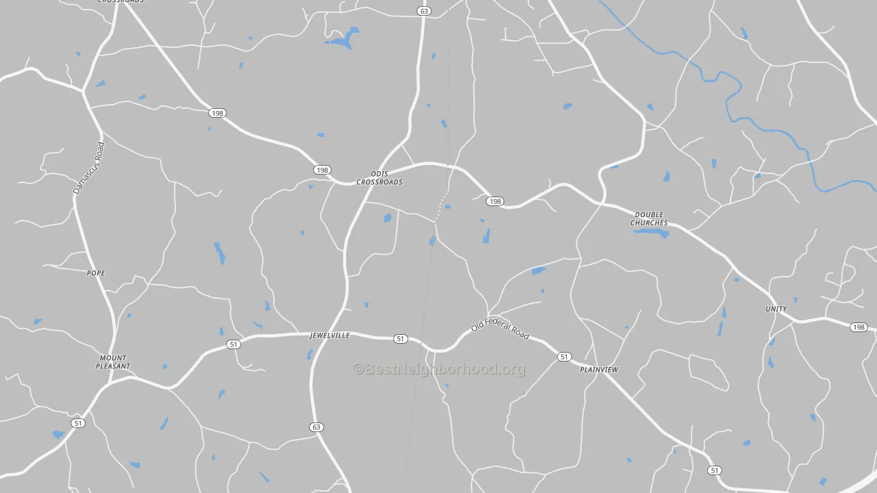 Walk Grade map of Plainview, GA, walkable areas in green and car-dependent areas in red