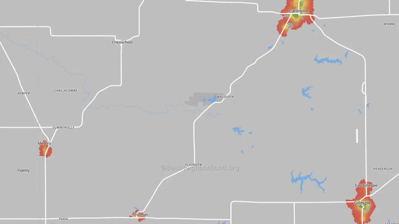 Walk Grade map of Plainview, IL, walkable areas in green and car-dependent areas in red