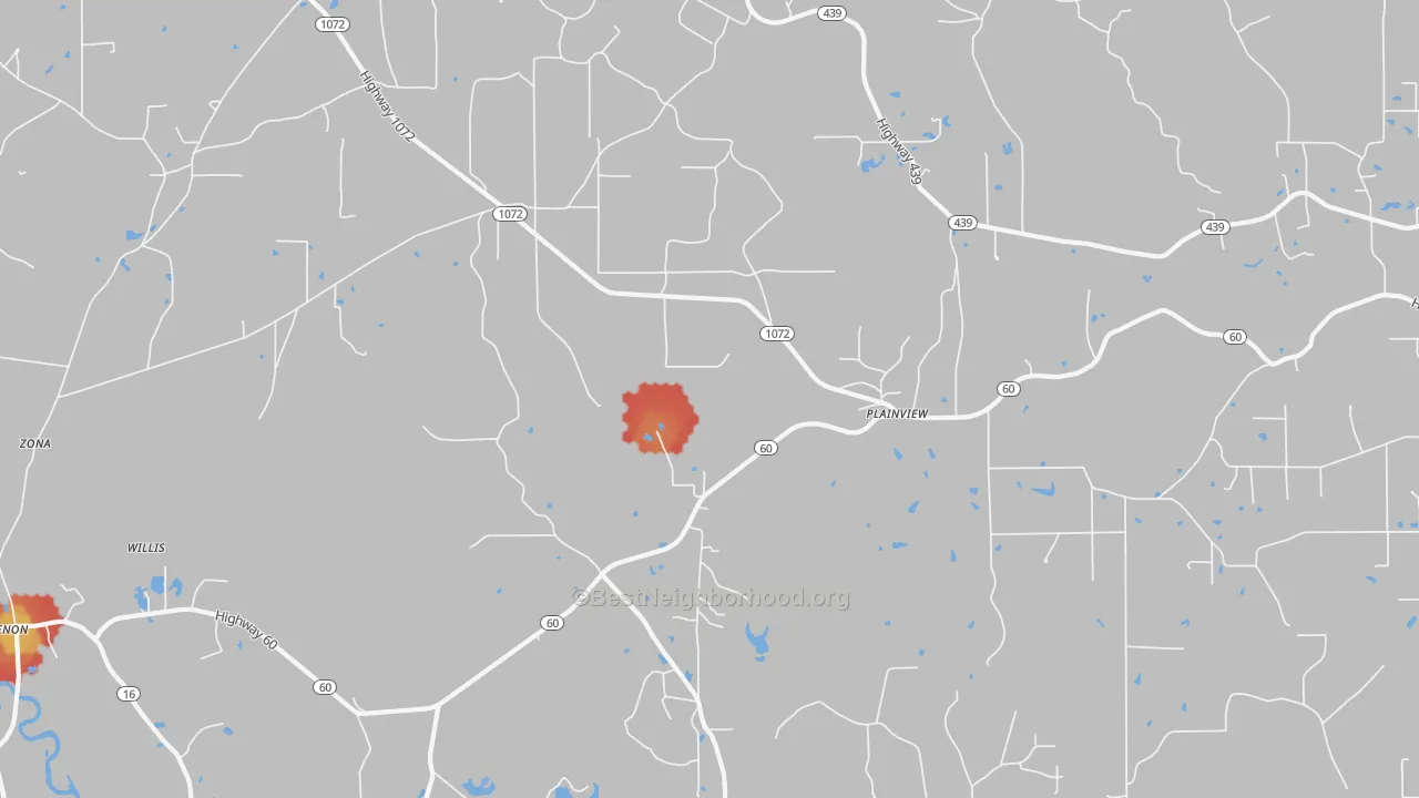 Walk Grade map of Plainview, LA, walkable areas in green and car-dependent areas in red
